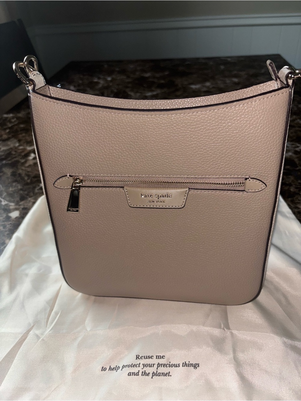Kate Spade - Pebbled Leather Crossbody in Taupe with Yellow-Striped Strap - Picture 7 of 9